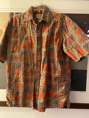 Cooke Street Orange Palm-Print Short-Sleeve Button-Down Shirt